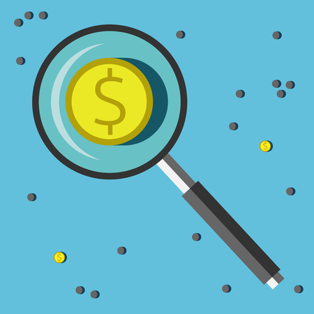Dollar coin under magnifying glass and many small stones. Search of money, wealth, riches, finance, success concept. のイラスト素材