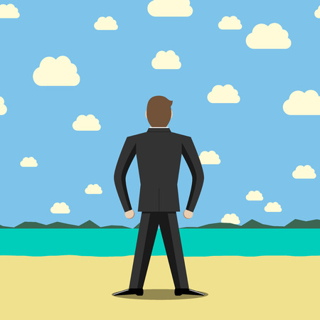 Businessman standing on beach and looking far away. Holiday, rest, recreation, dream, freedom, faith, courage, goal concept.のイラスト素材