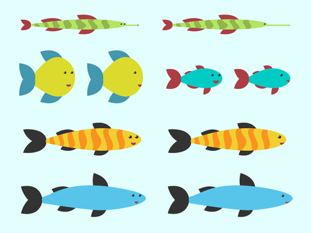 Cute vector fishes set on light blue background. Flat style.   vector illustration, no transparencyのイラスト素材