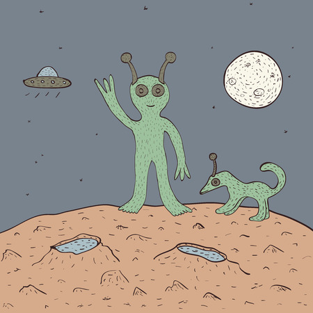 Funny smiling green alien with his pet on red planet with craters on sky background with Moon and flying saucer. vector illustration, no transparencyのイラスト素材