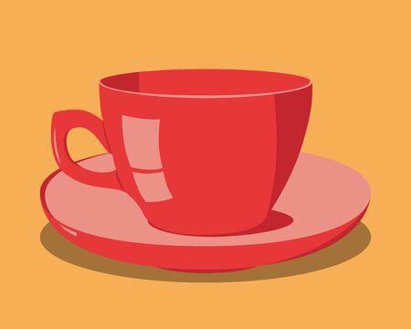 Red cup on saucer on orange background. vector illustration, no transparencyのイラスト素材