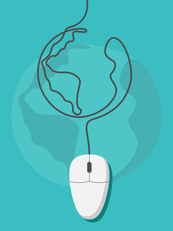 Computer mouse with Earth shaped wire. Mouse connected to world, internet, technology, communication, globalization concept. vector illustration, no transparencyのイラスト素材