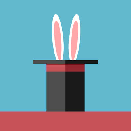 Rabbit ears showing from magician's black hat on red table on blue background. EPS 8 vector illustration, no transparencyのイラスト素材