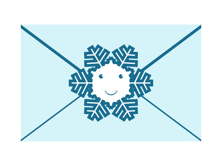 Beautiful bluish envelope sealed with smiling happy snowflake character isolated on white background.   vector illustration, no transparencyのイラスト素材