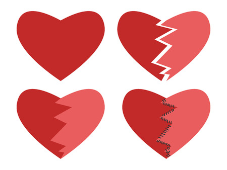 Set of happy, broken and mended hearts isolated on white.  vector illustration, no transparencyのイラスト素材