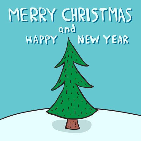 Beautiful Merry Christmas and Happy New Year greeting card with hand-drawn fir-tree. vector illustration, no transparencyのイラスト素材