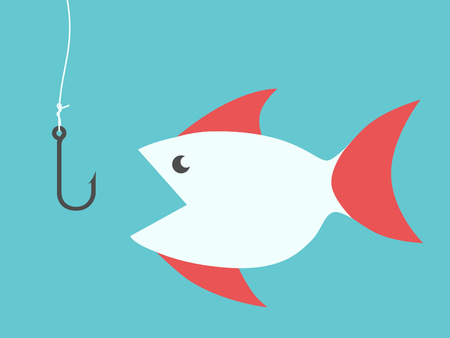 Fish with red fins and empty fishing hook without bait. vector illustration, no transparencyのイラスト素材