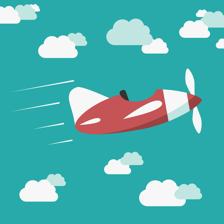 Red unmanned plane flying among clouds in blue sky without pilot.  vector illustration, no transparencyのイラスト素材