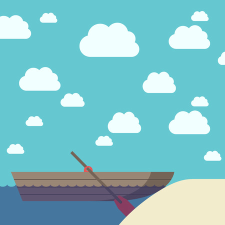 Empty wooden boat with oar near yellow sand beach on beautiful sky background with clouds.   vector illustration, transparency usedのイラスト素材