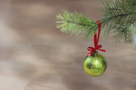 Green shiny beautiful Christmas ball on New Year tree branch. Shallow depth of fieldの写真素材