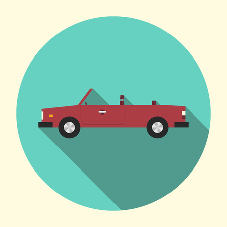 Beautiful old classic retro styled red cabriolet car round icon. Flat design with long shadow. Automobile, transport, autos concept. EPS 8 vector illustration, no transparencyのイラスト素材