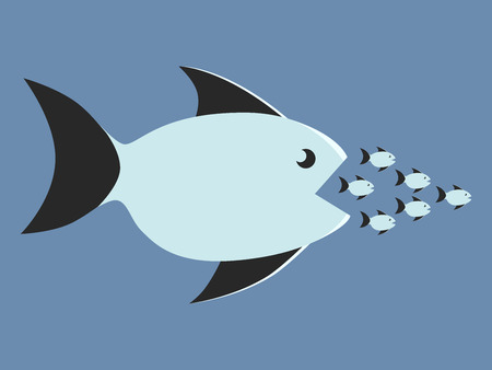 Big fish eating many small ones. Food chain, competition, merger, business, monopoly concept. EPS 8...