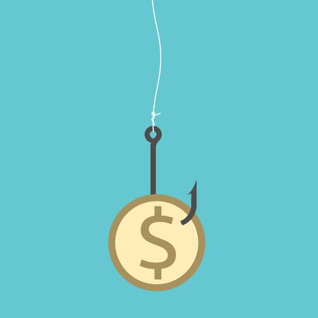 Golden dollar coin on black sharp fishing hook hanging on fishing line. Fraud, deceit, greed, goal, wealth, gambling, laziness concept illustration, no transparencyのイラスト素材
