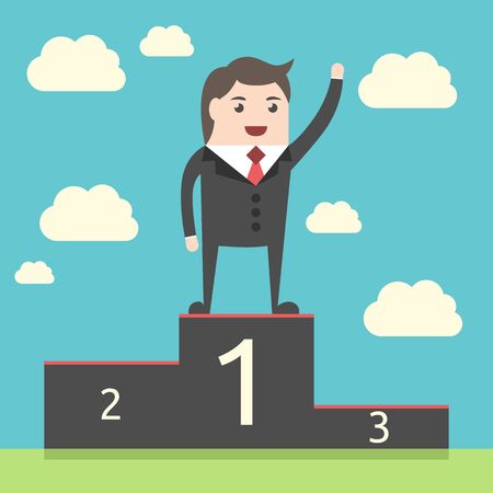Successful lucky happy businessman on pedestal on sky background. Man waving hand on victory podium. Achievement, triumph. EPS 8 vector illustration, no transparencyのイラスト素材