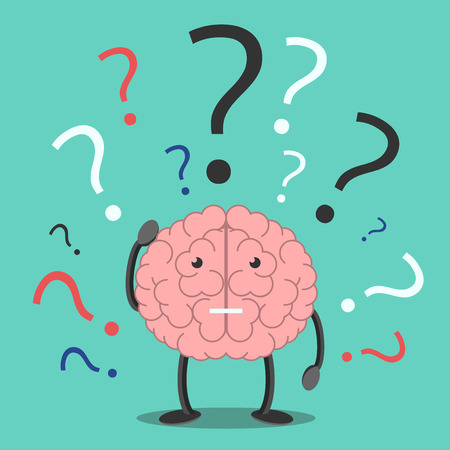 Confused brain character scratching head in bewilderment and many question marks. Confusion, trouble, memory, problem, task, solution concept. EPS 8 vector illustration, no transparencyのイラスト素材