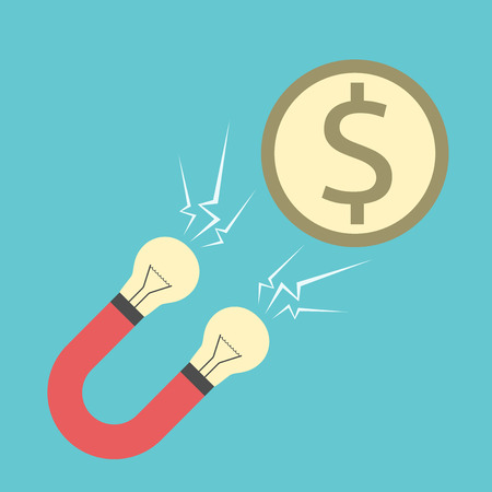 Innovative magnet with light bulbs attracting dollar coin. Creativity, money, investment, finance, investor, startup, business success concept.のイラスト素材