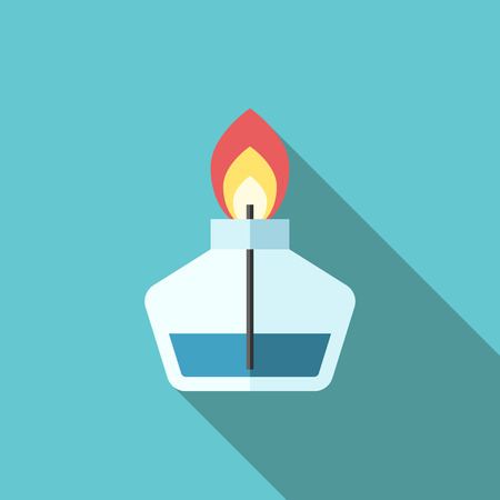 Beautiful laboratory burner with flame and wick on blue background with long shadow.のイラスト素材