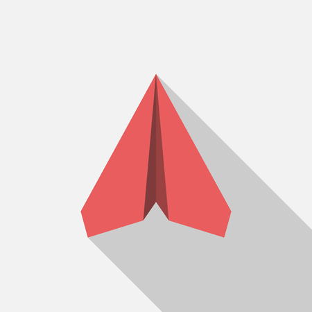 Red paper plane on light gray with long shadow. Flat style airplane icon. Creative idea, business concept.のイラスト素材
