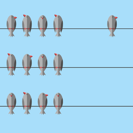 Group of birds perching on wire together and an independent free unique one apart. Courage, will power, individuality, leadership concept.のイラスト素材