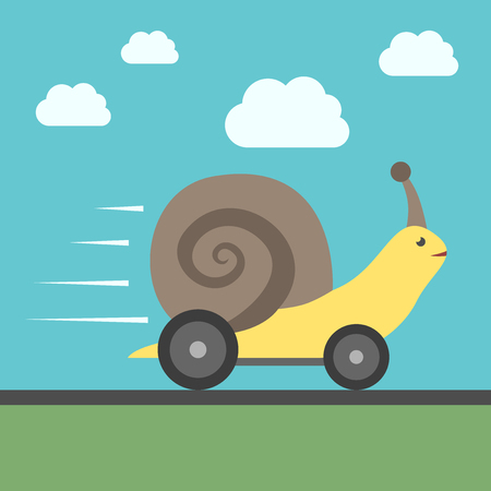 Fast speedy snail with automobile wheels moving quickly. Success, haste, speed, efficiency, performance and creativity concept.のイラスト素材