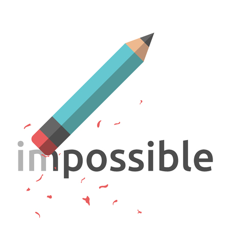 Pencil with eraser erasing word impossible. Flat style illustration. Business success, motivation, positive thinking, confidence concept.のイラスト素材