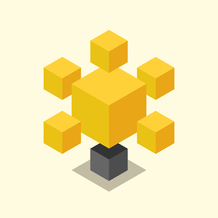 Beautiful stylized yellow isometric cubic light bulb. Solid simple lightbulb icon. Idea, insight, creativity, inspiration, innovation and technology concept.のイラスト素材
