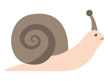 Cute funny cartoon garden snail with brown spiral shell isolated on white. Flat style.のイラスト素材