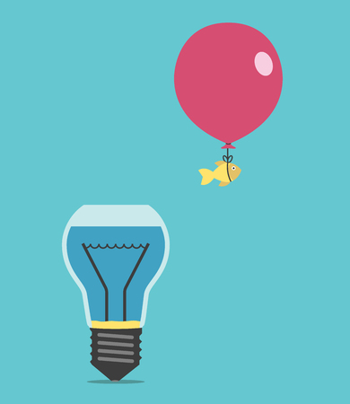 Goldfish flying away from light bulb shaped fishbowl or aquarium on balloon. Creativity, creative idea, success and risk concept.のイラスト素材
