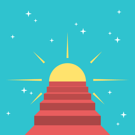 Red steps leading to sun on starry sky. Happiness, harmony, faith, heaven, paradise and dream concept.のイラスト素材