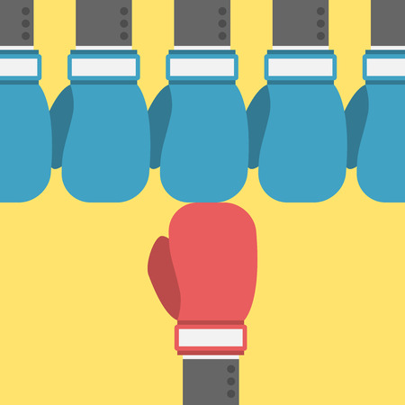 Unique red boxing glove fighting group of many blue ones. Business, strength, power, competition, challenge, courage, rivalry and conflict concept.のイラスト素材