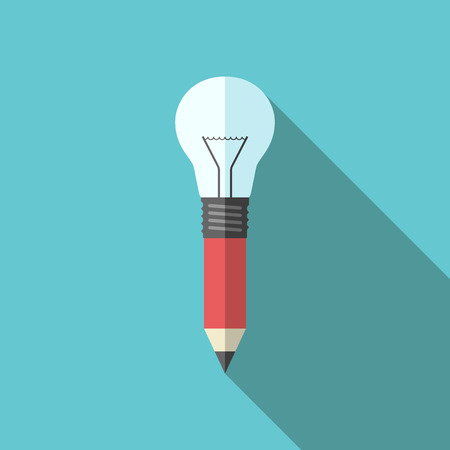 Combined pencil-lightbulb on turquoise blue background with long shadow. Flat style. Creativity, design, education, drawing, inspiration and idea concept.のイラスト素材