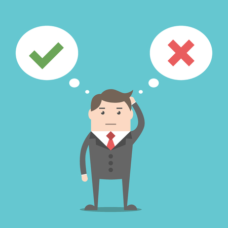 Thinking businessman with speech bubbles choosing option between yes and no. Choice, problem and decision concept.のイラスト素材