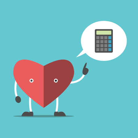 Thinking heart character with calculator in speech bubble. Logic, feeling and intuition concept. Flat design.のイラスト素材