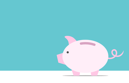 Pink piggy bank on white table on turquoise blue background with copy space. Finance, economy and saving concept. Flat design. EPS 8 vector illustration, no transparencyのイラスト素材