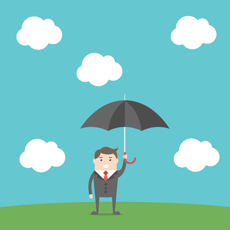Careful businessman with umbrella standing on green ground under blue sky with white clouds. Flat design. EPS 8 vector illustration, no transparencyのイラスト素材