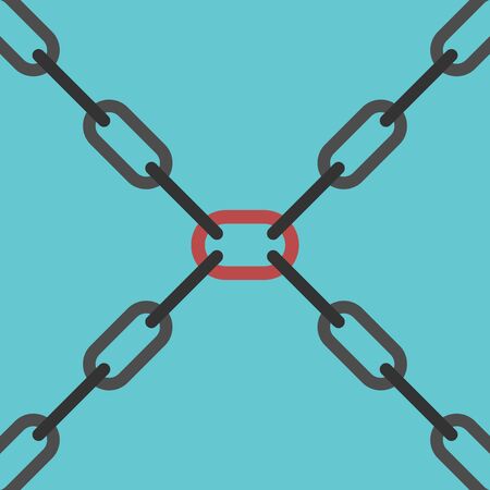 Black chains intersection and main central red link on blue background. Team, leadership and security concept. Flat design. EPS 8 vector illustration, no transparencyのイラスト素材