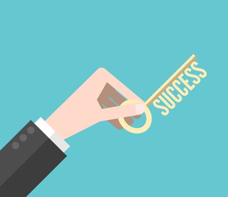 Businessman's hand holding gold success key with text on blue background. Solution, strategy and opportunity concept. Flat design. EPS 8 vector illustration, no transparencyのイラスト素材