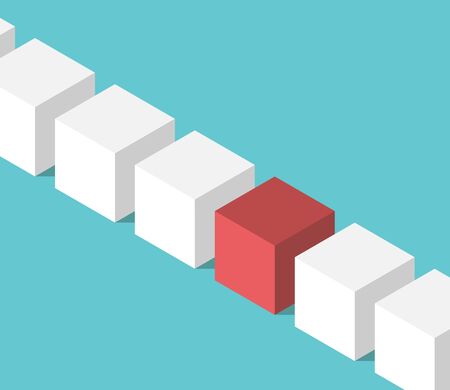 White isometric cubes and a red unique one on turquoise blue background. Uniqueness and individuality concept. Flat design. EPS 8 vector illustration, no transparencyのイラスト素材