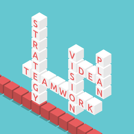Isometric crossword cubes with words strategy, teamwork, vision, idea and plan on turquoise blue background. Flat design. EPS 8 vector illustration, no transparencyのイラスト素材