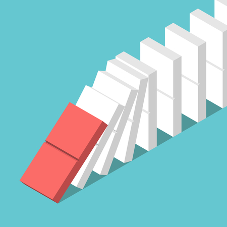Red tile starting domino effect and many white ones on turquoise blue background. Crisis, leadership and motivation concept. Flat design. No transparency, no gradientsのイラスト素材
