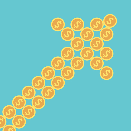 Diagonal arrow of gold dollar coins isolated on turquoise blue background. Growth, profit and investment concept. Flat design. No transparency, no gradientsのイラスト素材