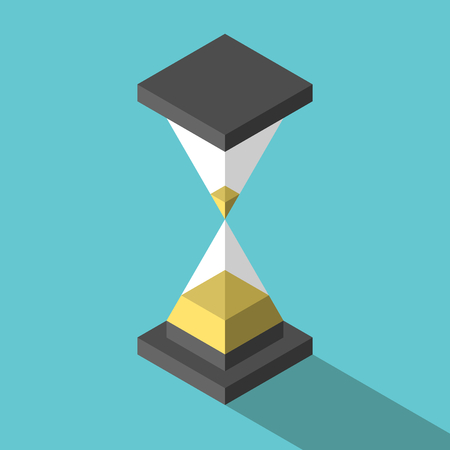 Isometric abstract simple hourglass with yellow sand on turquoise blue background with drop shadow....