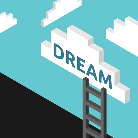 Ladder to cloud with dream word on turquoise blue sky background. Goal, achievement, motivation and success concept. Flat design. No transparency, no gradientsのイラスト素材