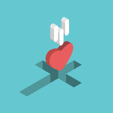 Red isometric heart falling into Christian cross shaped hole.のイラスト素材