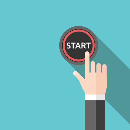 Hand pushing red start button with long shadow on turquoise blue. Beginning, resolution and decision concept. Flat design. EPS 8 compatible vector illustration, no transparency, no gradientsのイラスト素材