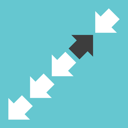 One black opposite direction arrow in row of many white ones on turquoise blue. Courage, uniqueness...