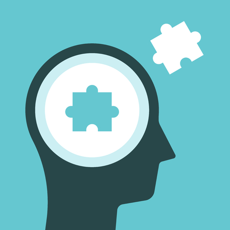 Man's head silhouette and its missing puzzle piece on turquoise blue background. Mind, psychology, knowledge and education concept. Flat design. Vector illustration, no transparency, no gradientsのイラスト素材