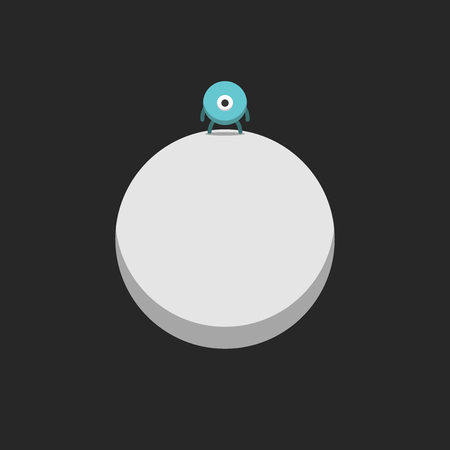 Blue alien character alone on empty gray planet in dark outer space. Loneliness, sadness, despair and thinking concept. Flat design. Vector illustration, no transparency, no gradientsのイラスト素材