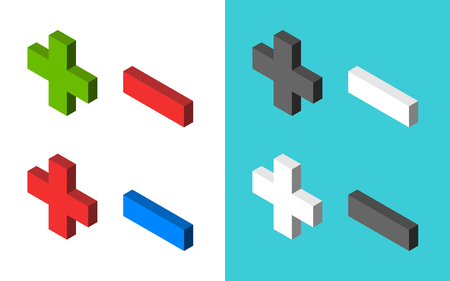 Isometric plus and minus signs of various colors. Graphic elements set. Addition, subtraction, positive and negative concept. Flat design. Vector illustration, no transparency, no gradientsのイラスト素材