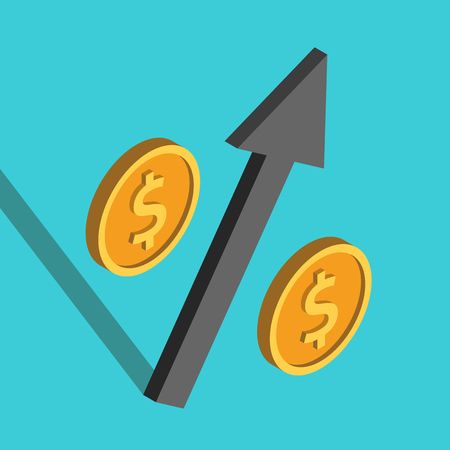 Isometric percent sign with dollar coins and black arrow on turquoise blue. Rate, growth, investment, finance and market concept. Flat design. Vector illustration, no transparency, no gradientsのイラスト素材